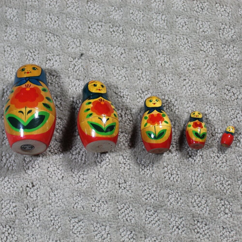Set of 5 Simple 3.75" Matryoshka Russian Scarfed Lady Dolls Made in Russia